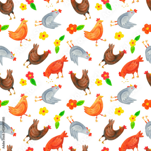 Hens seamless pattern on white. Hand drawn with color pencils chicks, flowers, leaves repeat print. Cartoon domestic birds, chickens design for textile, wallpaper, fabric, wrapping paper, decoration.