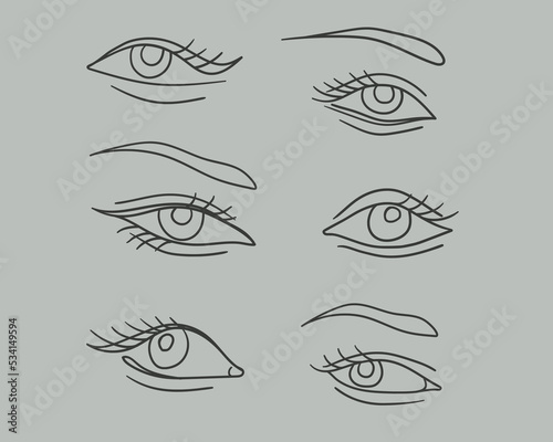 Female eyes set vector illustration. Eyes set on gray. Fashion Eyes line icons collection