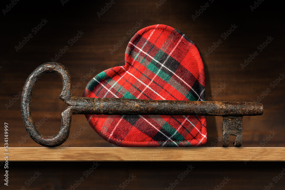 Extreme close-up of an old and vintage rusty key and a fabric heart shape, on a wooden shelf with copy space, photography. - obrazy, fototapety, plakaty 