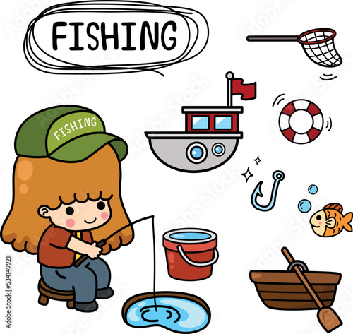 illustration isolated set cartoon with fishing kid girl