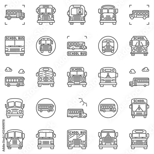 School Bus outline icons set. Buses vector transport symbols