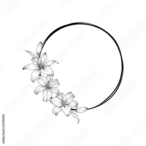Hand drawn black lily flower round wreath in cute doodle style. Luxury elegant vector illustration for wedding invitations, birthday, quotes, thank you card, cosmetics. Copy space for text.