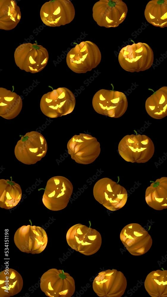 3D animation - Looped animated halloween pumpkins pattern on black background and vertical composition format 3D animation - Looped animated halloween pumpkins pattern on black background and vertical composition format