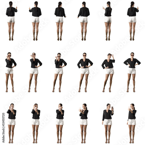 Принти на полотні Back view of stylish business woman using touch screen, posing with sunglasses and doing makeup