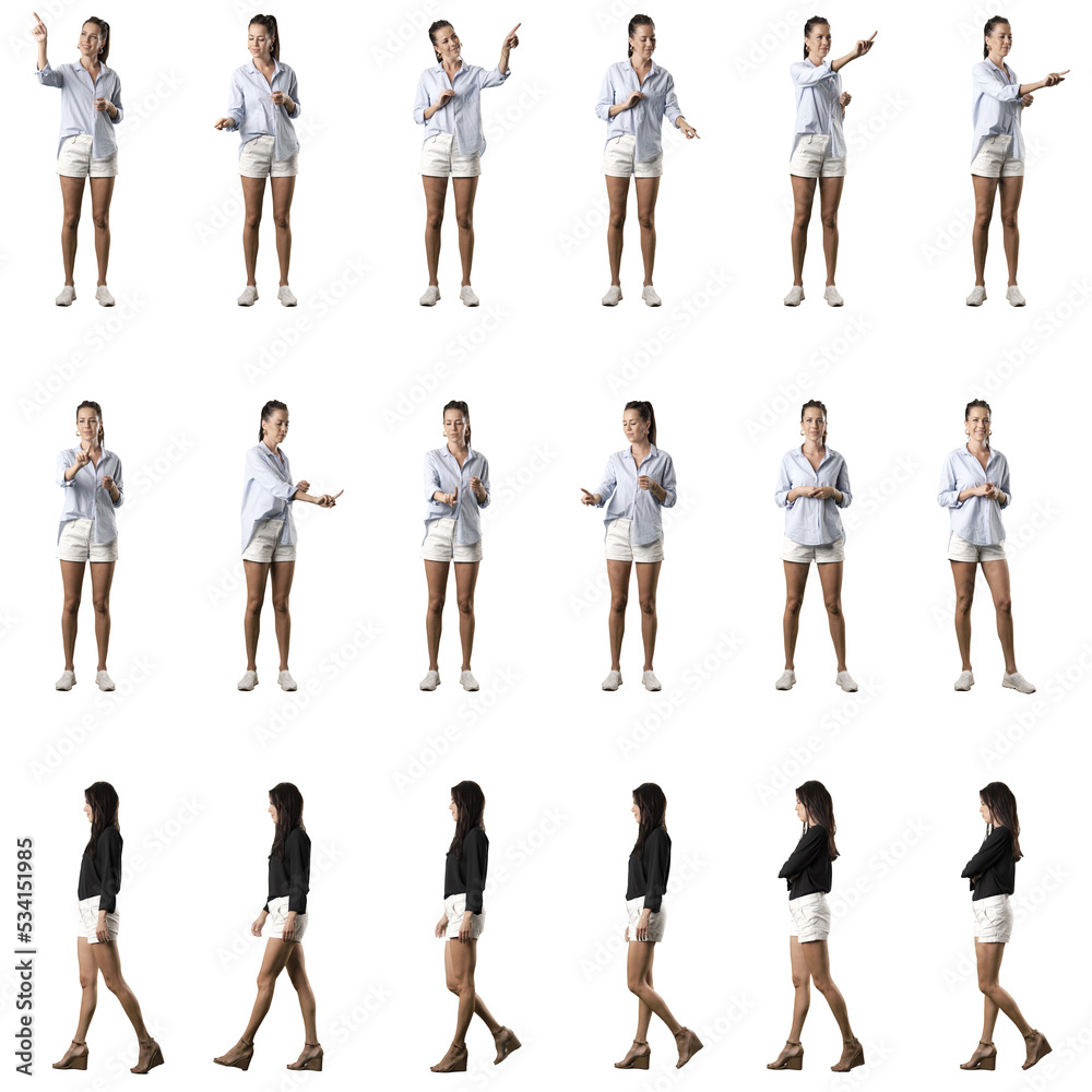 Obraz premium Front view of stylish summer girl using touch screen and side view of business woman walking. Set of full body women isolated on white background.