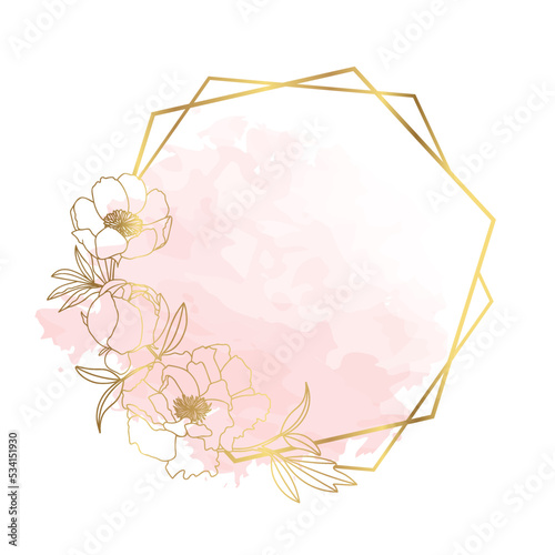 Hand drawn golden peony flower hexagon wreath in cute doodle style on pink watercolor splash texture. Luxury elegant vector illustration for wedding, birthday, quotes, thank you card, cosmetics, logo.