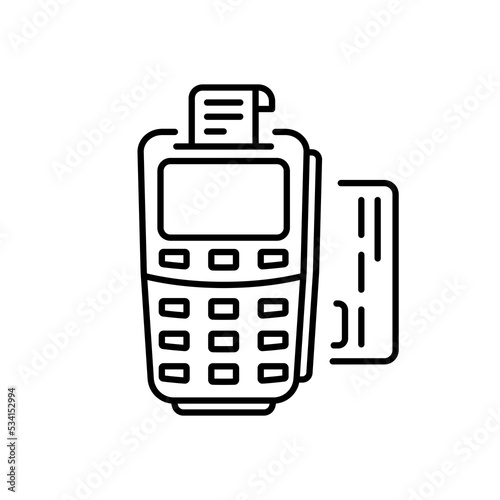 Terminal for Wireless Transaction NFC Technology Line Icon. Contactless Payment on POS with Credit Card Pictogram. Tap Bank Card to Pay Outline Icon. Editable Stroke. Isolated Vector Illustration