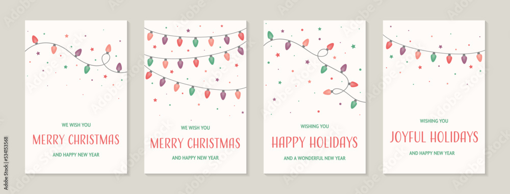 Colourful hand drawn cord of lights. Christmas cards with wishes. Vector illustration