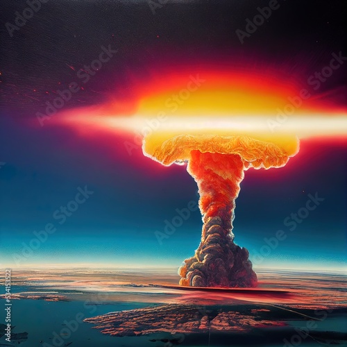  Nuclear war concept. Explosion of nuclear bomb. Creative artwork decoration in dark. Ai generated image