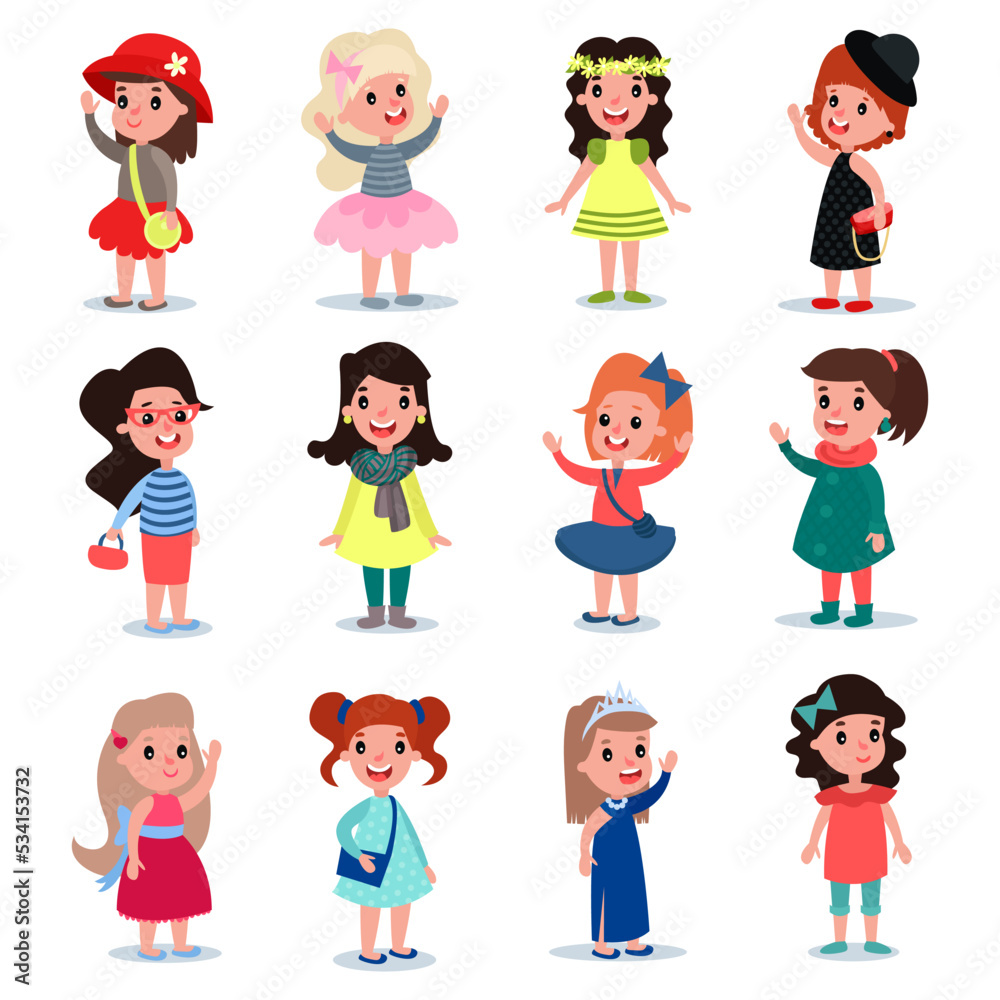 Little Girl Character Dressed in Fashion Garment and Apparel Vector Set Little Girl Character Dressed in Fashion Garment and Apparel Vector Set