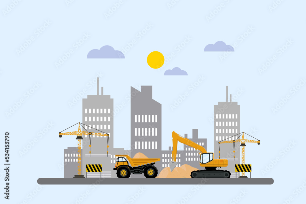 Flat design building industry with builder construction vehicles repair tools and equipment isolated vector illustration