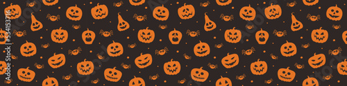 Funny Halloween banner with pumpkins and spiders. Seamless pattern. Vector