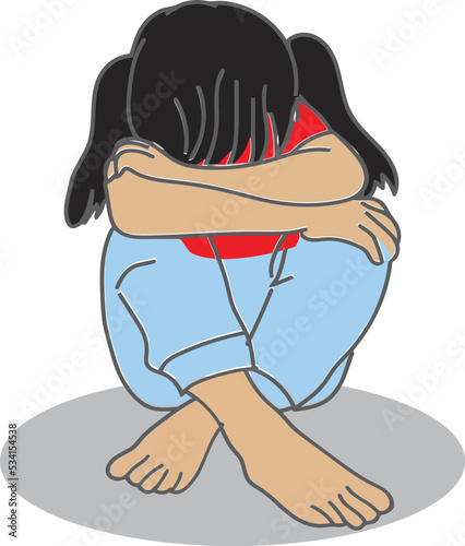 A depressed young girl sitting on the floor holding tight around her knees. Mental health issue. Vector Illustration