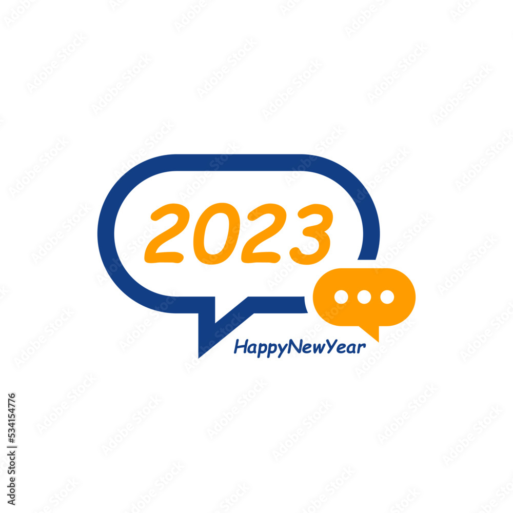 Happy New Year 2023 text with Chat design concept. Cover of business diary for 2023 with wishes. Brochure design template, card, banner. Vector illustration. Isolated on white background. Happy New Year 2023 text with Chat design concept. Cover of business diary for 2023 with wishes. Brochure design template, card, banner. Vector illustration. Isolated on white background.