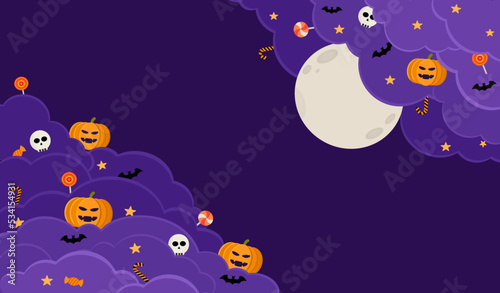 Happy Halloween banner vector illustration, dark night sky witch purple clouds, beautiful full moon, pumpkin, spooky skull, sweet candy lollipop, bat and star with copy space, Autumn celebration