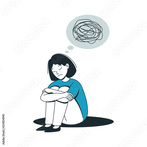 Sad and Unhappy Teenage Girl in Depression Sitting with Bended Knees Suffering From Mental Disorder Vector Illustration