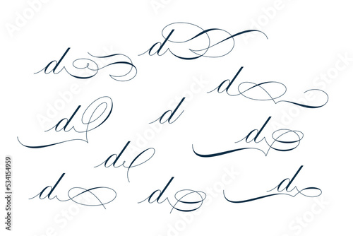Set of beautiful calligraphic flourishes on letter d isolated on white background for decorating text and calligraphy on postcards or greetings cards. Vector illustration.