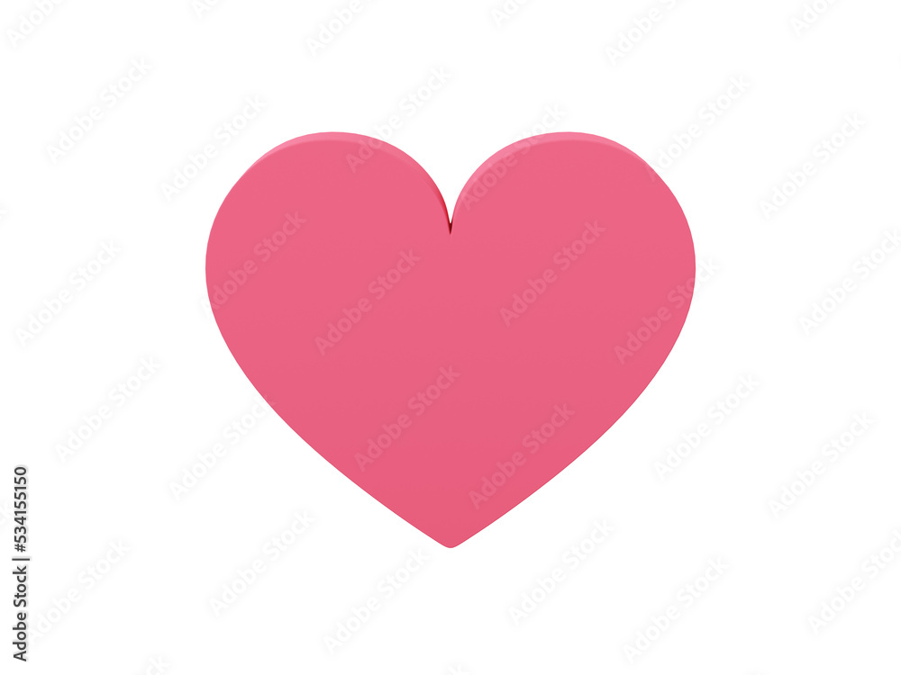 Flat heart. Red single color. Symbol of love. On a monochrome white background. Front view. 3d rendering.