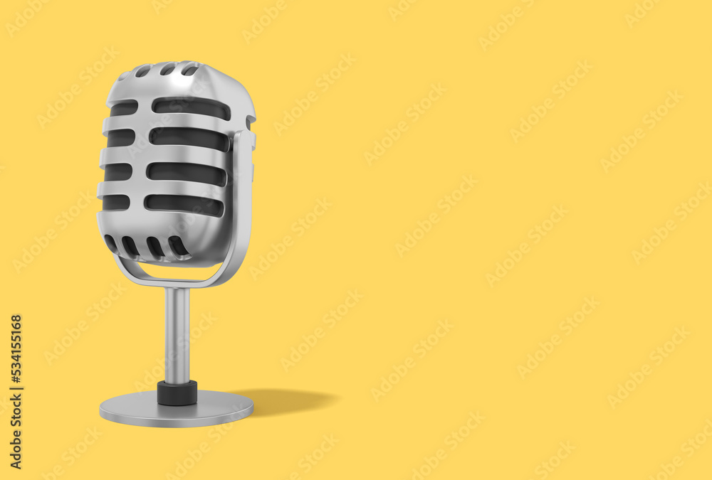 Retro microphone. Minimalist cartoon. Silver icon on yellow background with space for text. 3D rendering. Retro microphone. Minimalist cartoon. Silver icon on yellow background with space for text. 3D rendering.