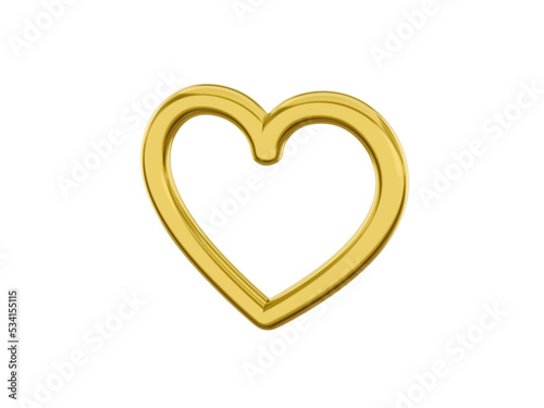 Toy metal heart. Golden mono color. Symbol of love. On a white flat background. Right side view. 3d rendering.