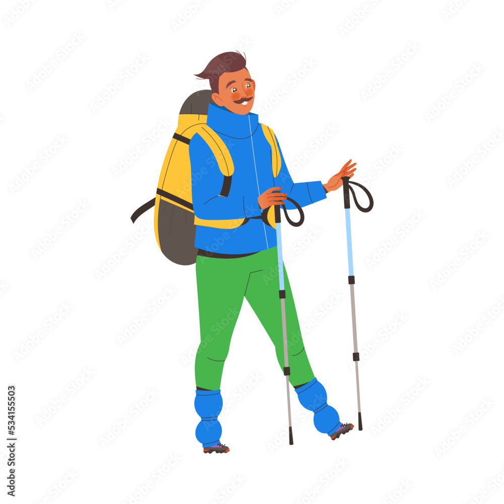 Mustached Man Character Hiking in the Mountains with Pole and Backpack Vector Illustration Mustached Man Character Hiking in the Mountains with Pole and Backpack Vector Illustration