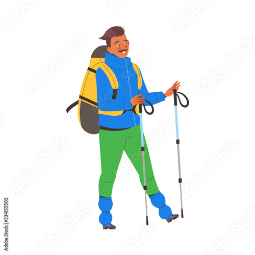Mustached Man Character Hiking in the Mountains with Pole and Backpack Vector Illustration
