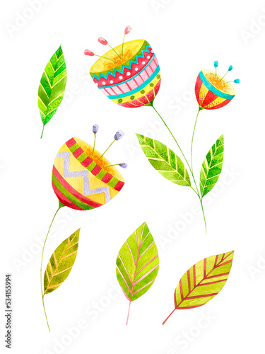 Watercolor abstract flowers and leaves set isolated on transparent background. Bright folk botanical illustrations. Five ornamental floral clip arts.