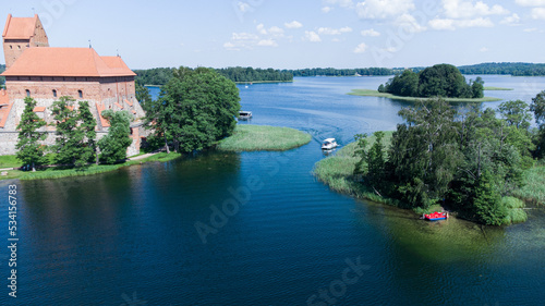 Trakai castle, trakai lake, drone aerial view.