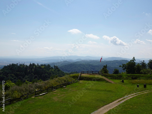 A beautiful panorama of the mountains from the top, the highest in Europe, the historic Fortress - The Srebrna Góra Stronghold is a unique cultural heritage site in Europe .