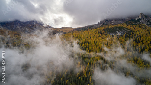 dolomite mountains with fog