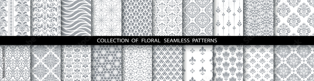 Fototapeta premium Geometric floral set of seamless patterns. White and gray vector backgrounds. Simple illustrations