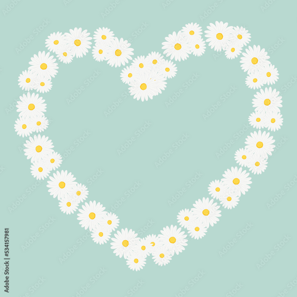 Chamomile frame in the shape of a Heart. Chamomile flower heart frame. Flowers ornament, decorative frame, floral ornament, decorative elements, spring, flowers, plants, floral decor