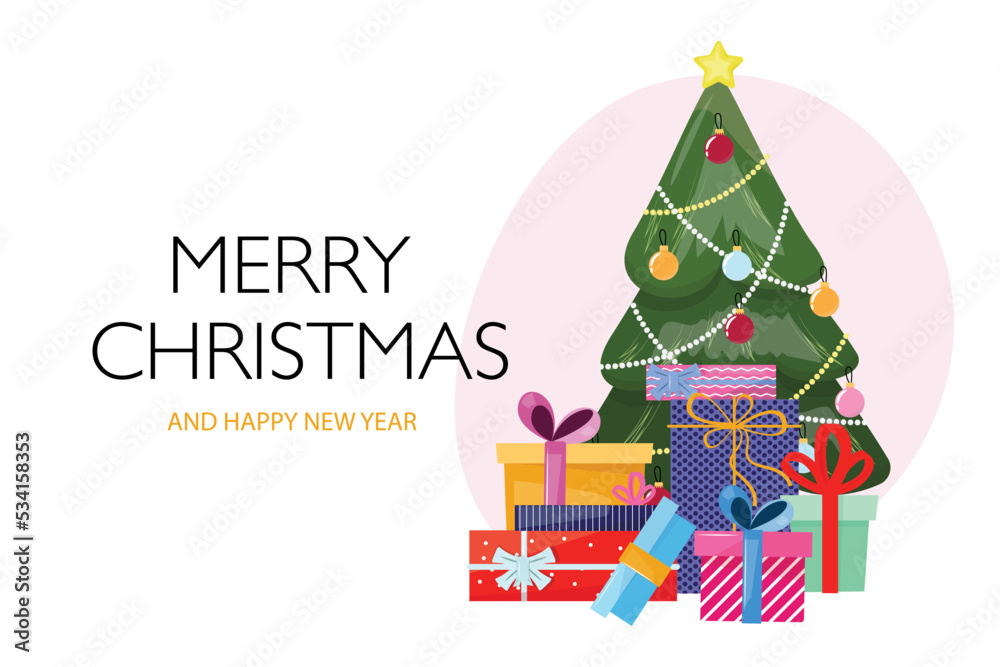 Happy festive illustration with a decorated Christmas tree with gift boxes. Merry Christmas and happy new year flat cartoon illustration with gift boxes and decorated tree.For cards, voucher, banners, Happy festive illustration with a decorated Christmas tree with gift boxes. Merry Christmas and happy new year flat cartoon illustration with gift boxes and decorated tree.For cards, voucher, banners,