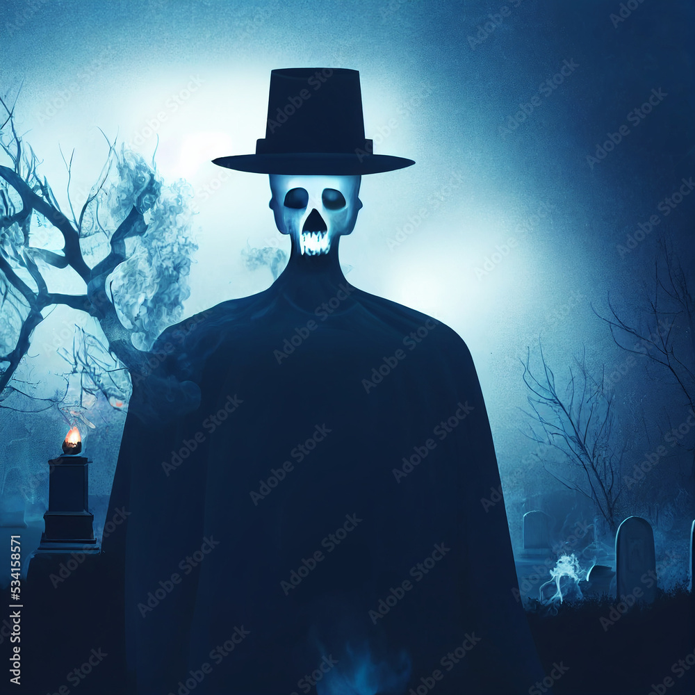 spooky Halloween card with ghost in graveyard at night