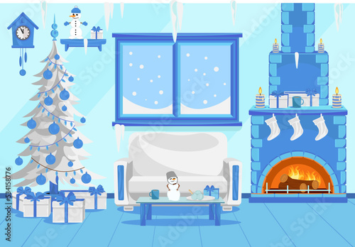 Vector illustration of a room for celebrating New Year and Christmas in an icy style.