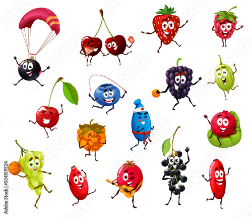 Funny cute dancing, sporting and relaxing cartoon berry characters. Vector strawberry, cherry, raspberry, grape, blackberry and cranberry, gooseberry, rosehip, blackcurrant, honeyberry and barberry