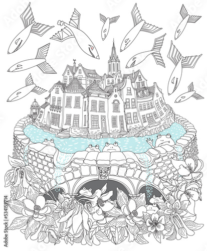 Raid of fantastic winged monsters on a fairy medieval town castle, a safe underground shelter. Adults coloring book page