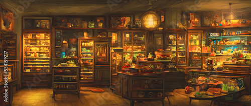 Artistic concept painting of a store interior, background illustration.