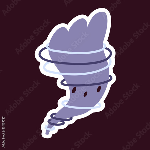 Sticker with the surprised tornado. Tornado, hurricane, natural disaster illustration. Cute Tornado Sticker with funny childish character. Hand drawn hurricane with face. Children's illustration.