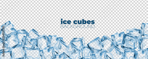 Realistic ice cubes background, crystal ice blocks frame. Isolated vector border with transparent blue square chunks of frozen water or crystal pieces. Solid icy cubes or frosty blocks banner border