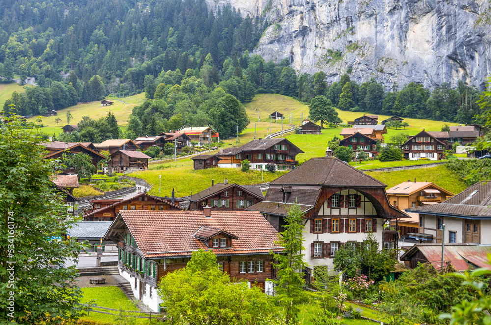 Typical Swiss houses in the mountain village of Lauterbrunnen, in the Bernese Oberland, Switzerland