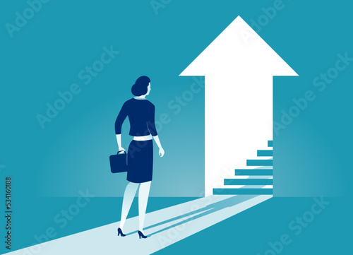 The Career Steps. Growth. Woman watches an arrow sign with a staircase inside. Business vector concept illustration.
