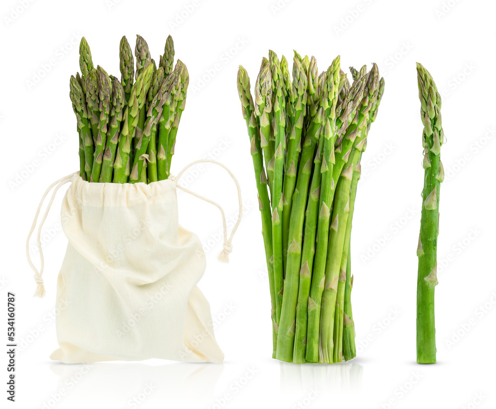 Collection of green raw asparagus isolated on white background. - obrazy, fototapety, plakaty 