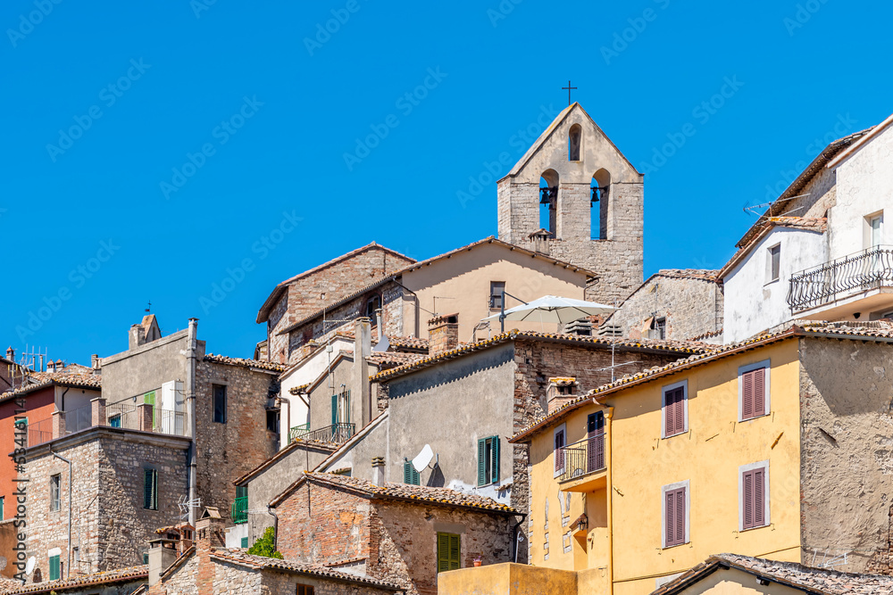 A detail of the historic center of Todi, Perugia, Italy, on a sunny day
