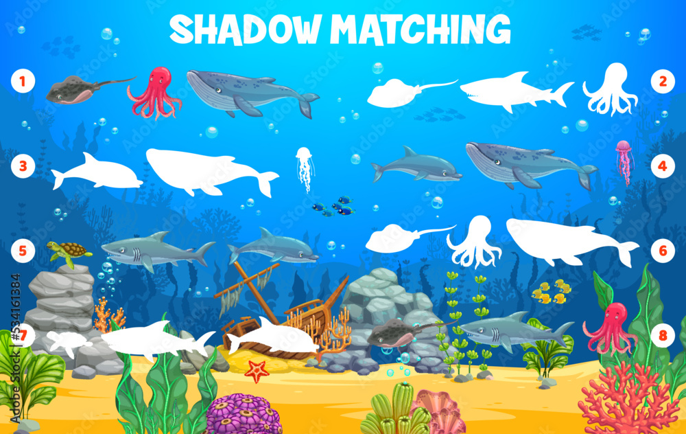 Fototapeta premium Underwater landscape with sea animals, shadow match game worksheet, kids vector cartoon puzzle. Find correct shadow or silhouette of ocean fish, shark and octopus with whale and dolphin or jellyfish
