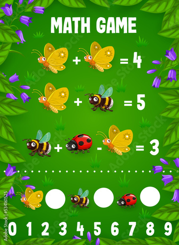 Math game worksheet, cartoon funny insect characters counting puzzle in flower frame. Vector quiz of kids education with butterfly, bumblebee and ladybug insect personages on grass meadow background