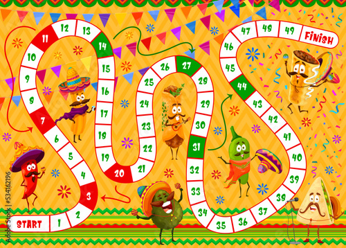Board game with mexican burrito, pepper, avocado, tortilla and jalapeno, vector food characters. Kids puzzle riddle or start and finish tabletop dice game with Mexican cartoon personages in sombrero