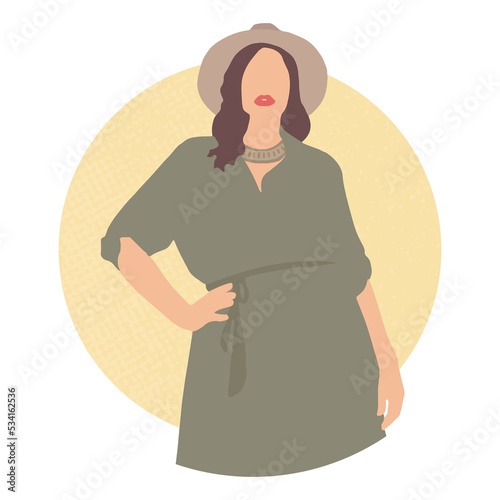 Woman silhouette wears beige dress and hat, beautiful plus size model figure