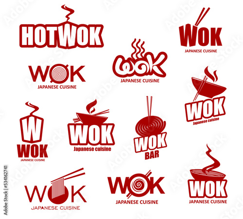 Asian wok pan and noodles box icons. Chinese and Japanese cuisine wok symbols. Asian fast food restaurant, hot takeaway meals street bar or delivery vector signs with wok pan, noodles and chopsticks