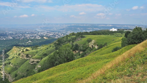 Panoramic views from Bolshoye Sedlo mountain to the Kislovodsk National Park and the city of Kislovodsk, North Caucasus, Russia. © Alexey_Ivanov